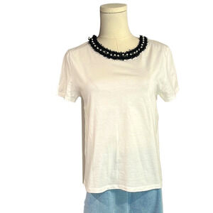 Zara black tweed fringe faux pearl Embellished collar Short Sleeve T-Shirt - S